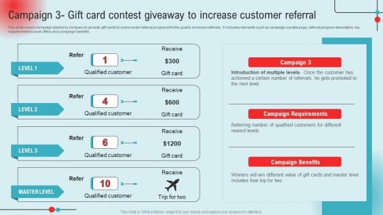 Campaign 3 Gift Card Contest Giveaway To Increase Customer Referral Ppt PowerPoint Presentation File Backgrounds PDF