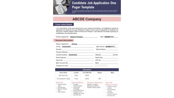 Candidate Job Application One Pager Template PDF Document PPT Template