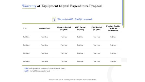 Capex Proposal Template Warranty Of Equipment Capital Expenditure Proposal Designs PDF