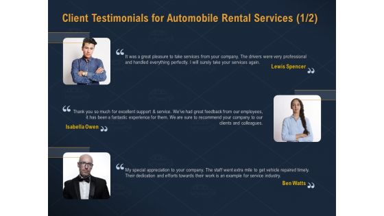 Car Hiring Client Testimonials For Automobile Rental Services Feedback Ppt Inspiration Templates PDF