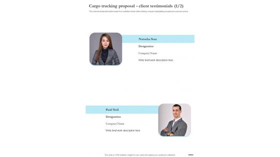 Cargo Trucking Proposal Client Testimonials One Pager Sample Example Document