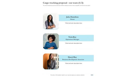 Cargo Trucking Proposal Our Team One Pager Sample Example Document