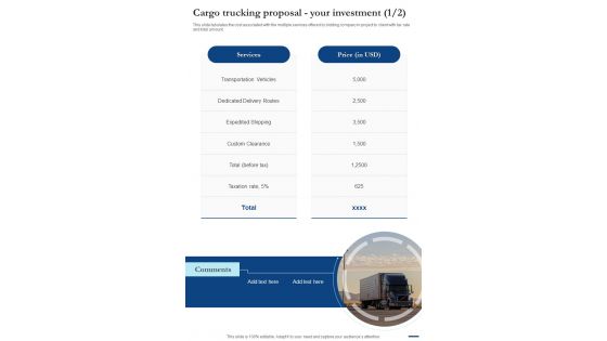 Cargo Trucking Proposal Your Investment One Pager Sample Example Document