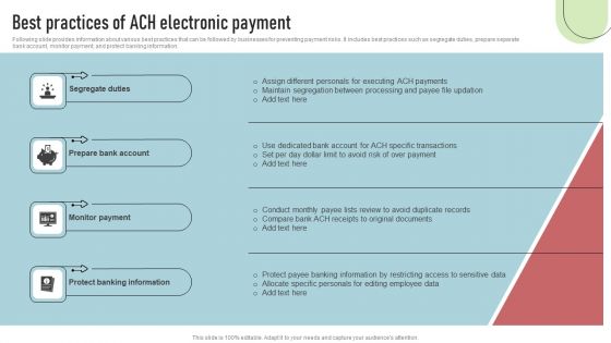 Cashless Payment Strategies To Enhance Business Performance Best Practices Of ACH Electronic Payment Information PDF