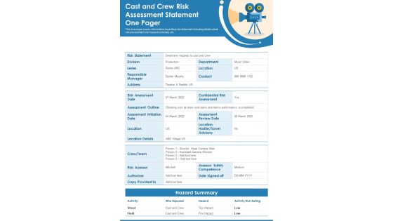 Cast And Crew Risk Assessment Statement One Pager PDF Document PPT Template