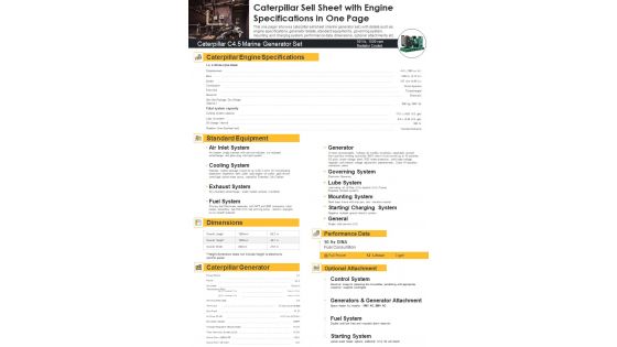 Caterpillar Sell Sheet With Engine Specifications In One Page PDF Document PPT Template