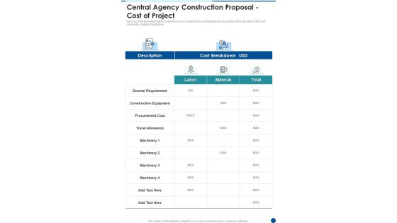 Central Agency Construction Proposal Cost Of Project One Pager Sample Example Document