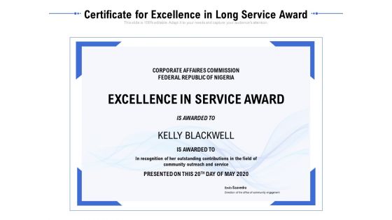 Certificate For Excellence In Long Service Award Ppt PowerPoint Presentation File Background Images PDF