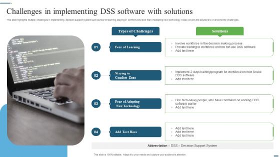Challenges In Implementing DSS Software With Solutions Ppt Layouts Influencers PDF Challenges In Implementing DSS Software With Solutions Ppt Layouts Influencers PDF