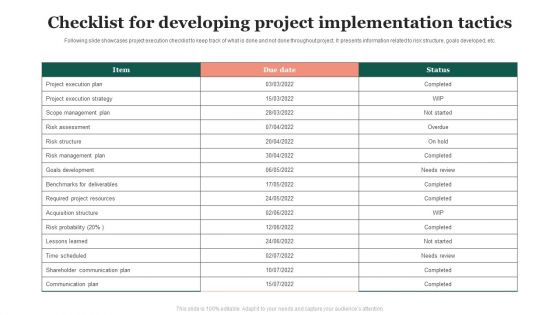Checklist For Developing Project Implementation Tactics Template PDF Checklist For Developing Project Implementation Tactics Template PDF