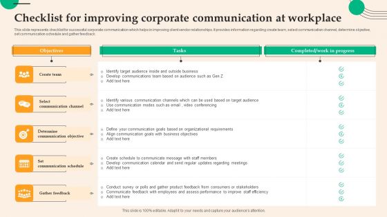 Checklist For Improving Corporate Communication At Workplace Elements PDF
