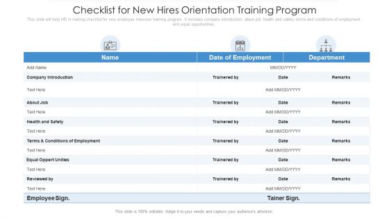 Checklist For New Hires Orientation Training Program Ppt PowerPoint Presentation Gallery Backgrounds PDF