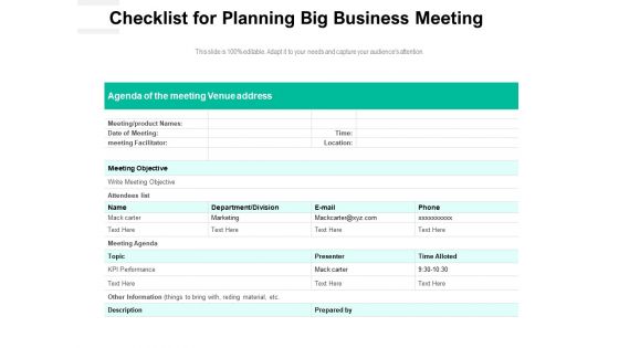 Checklist For Planning Big Business Meeting Ppt PowerPoint Presentation Styles Example PDF