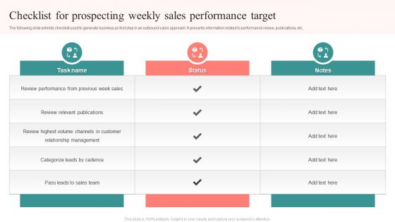 Checklist For Prospecting Weekly Sales Performance Target Icons PDF