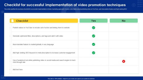 Checklist For Successful Implementation Of Video Promotion Techniques Ppt Picture PDF