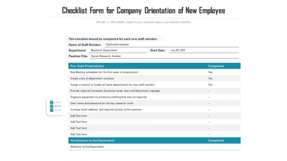 Checklist Form For Company Orientation Of New Employee Ppt PowerPoint Presentation File Styles PDF