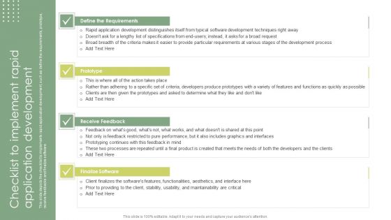 Checklist To Implement Rapid Application Development Rapid Application Building RAB Model Brochure PDF