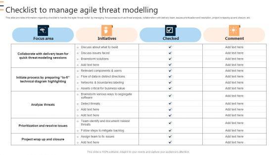 Checklist To Manage Agile Threat Modelling Ppt Show Template PDF