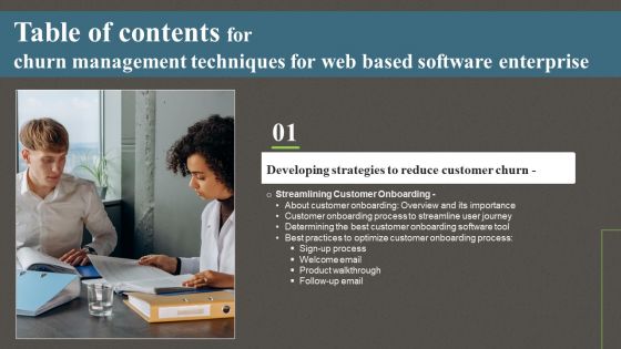 Churn Management Techniques For Web Based Software Enterprise Table Of Contents Ppt PowerPoint Presentation File Ideas PDF