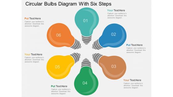 Circular Bulbs Diagram With Six Steps Powerpoint Template