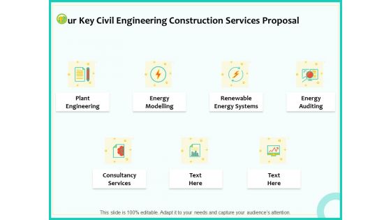 Civil Engineering Consulting Services Our Key Civil Engineering Construction Services Proposal Slides PDF