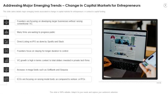 Clearbanc Investor Funding Elevator Pitch Deck Addressing Major Emerging Trends Change Portrait PDF
