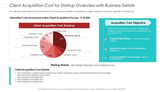 Client Acquisition Cost For Startup Overview With Business Details Mockup PDF