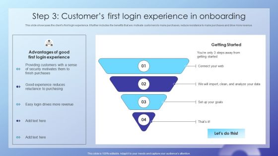 Client Acquisition Journey Plan Step 3 Customers First Login Experience In Onboarding Diagrams PDF
