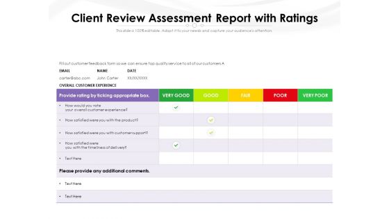 Client Review Assessment Report With Ratings Ppt PowerPoint Presentation Gallery Graphics PDF