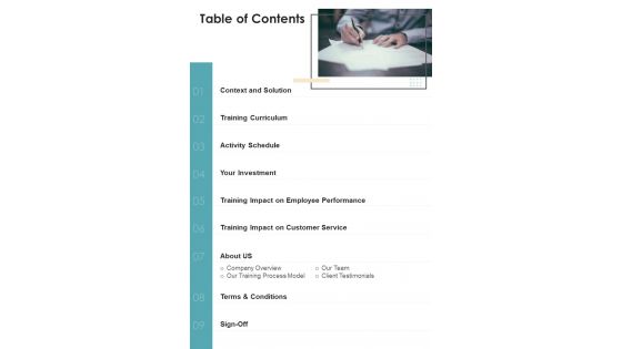 Client Service Training Proposal Table Of Contents One Pager Sample Example Document Client Service Training Proposal Table Of Contents One Pager Sample Example Document