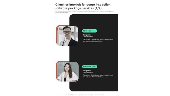 Client Testimonials For Cargo Inspection Software Package Services One Pager Sample Example Document