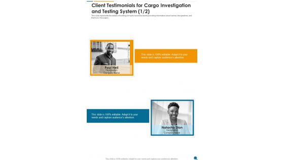 Client Testimonials For Cargo Investigation And Testing System One Pager Sample Example Document