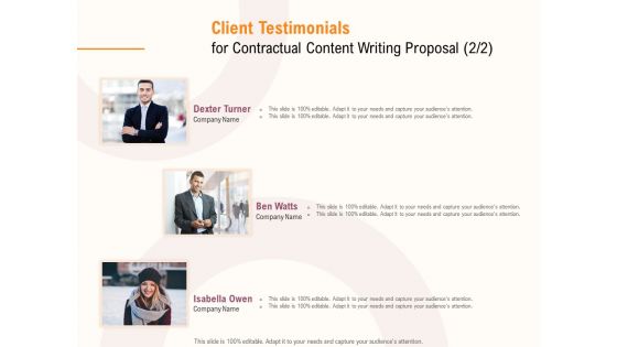 Client Testimonials For Contractual Content Writing Proposal Ppt PowerPoint Presentation Gallery Outline PDF