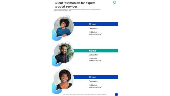 Client Testimonials For Expert Support Services One Pager Sample Example Document