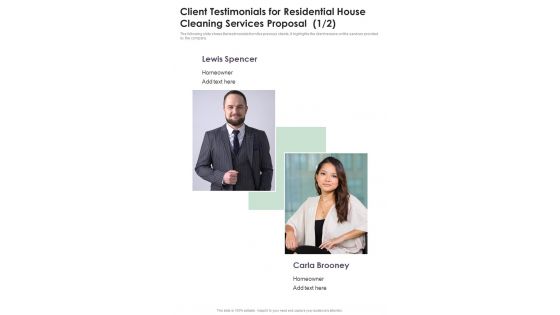 Client Testimonials For Residential House Cleaning Services Proposal One Pager Sample Example Document