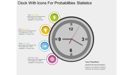 Clock With Icons For Probabilities Statistics Powerpoint Template