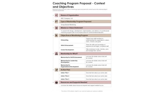 Coaching Program Proposal Context And Objectives One Pager Sample Example Document Coaching Program Proposal Context And Objectives One Pager Sample Example Document