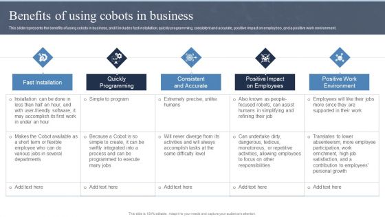 Collaborative Robots IT Benefits Of Using Cobots In Business Ppt Inspiration Deck PDF
