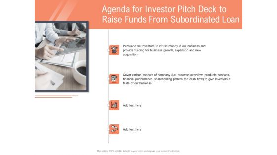 Collect Capital From Subordinated Loan Agenda For Investor Pitch Deck To Raise Funds From Subordinated Loan Icons PDF
