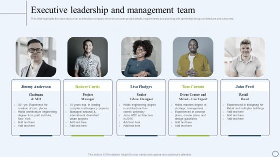 Commercial And Urban Architect Business Profile Executive Leadership And Management Team Designs PDF