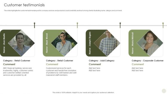 Commercial Bank Financial Services Company Profile Customer Testimonials Template PDF