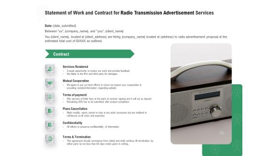 Commercial Broadcasting Statement Of Work And Contract For Radio Transmission Advertisement Services Designs PDF