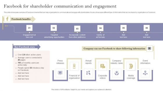 Communication Means And Techniques Facebook For Shareholder Communication Icons PDF