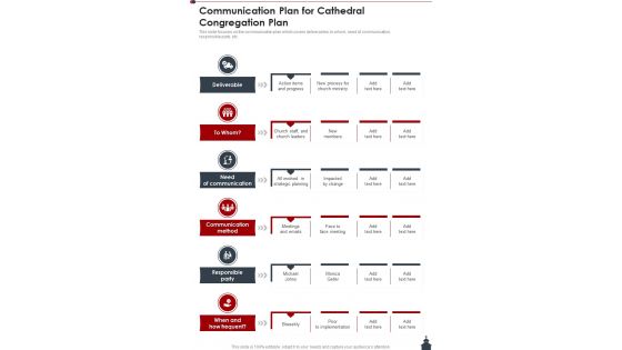 Communication Plan For Cathedral Congregation Plan One Pager Sample Example Document