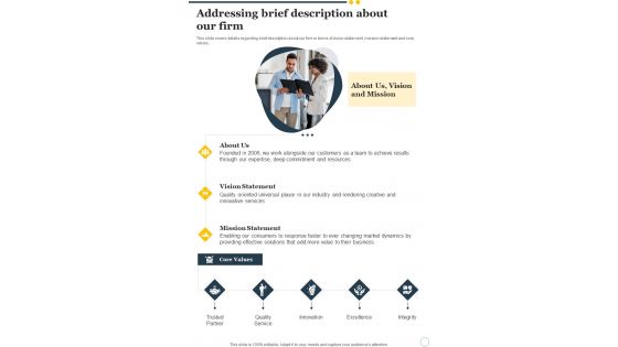 Company Acquisition Proposal Addressing Brief Description About Our Firm One Pager Sample Example Document