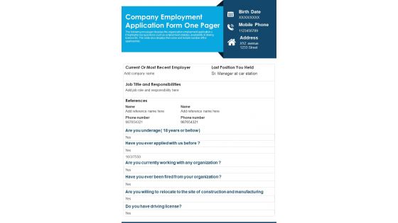 Company Employment Application Form One Pager PDF Document PPT Template