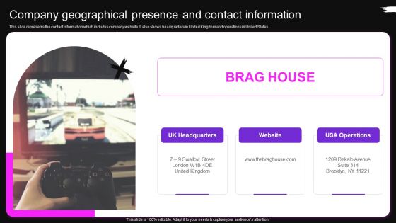 Company Geographical Presence And Contact Information Brag House Funding Pitch Deck Introduction PDF