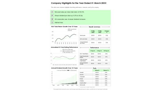 Company Highlights For The Year Ended 31 March 20XX One Pager Documents