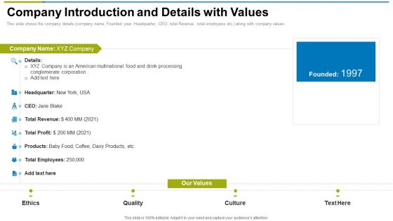 Company Introduction And Details With Values Ppt Summary Template PDF