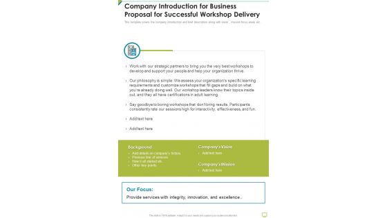 Company Introduction For Business Proposal For Successful Workshop Delivery One Pager Sample Example Document